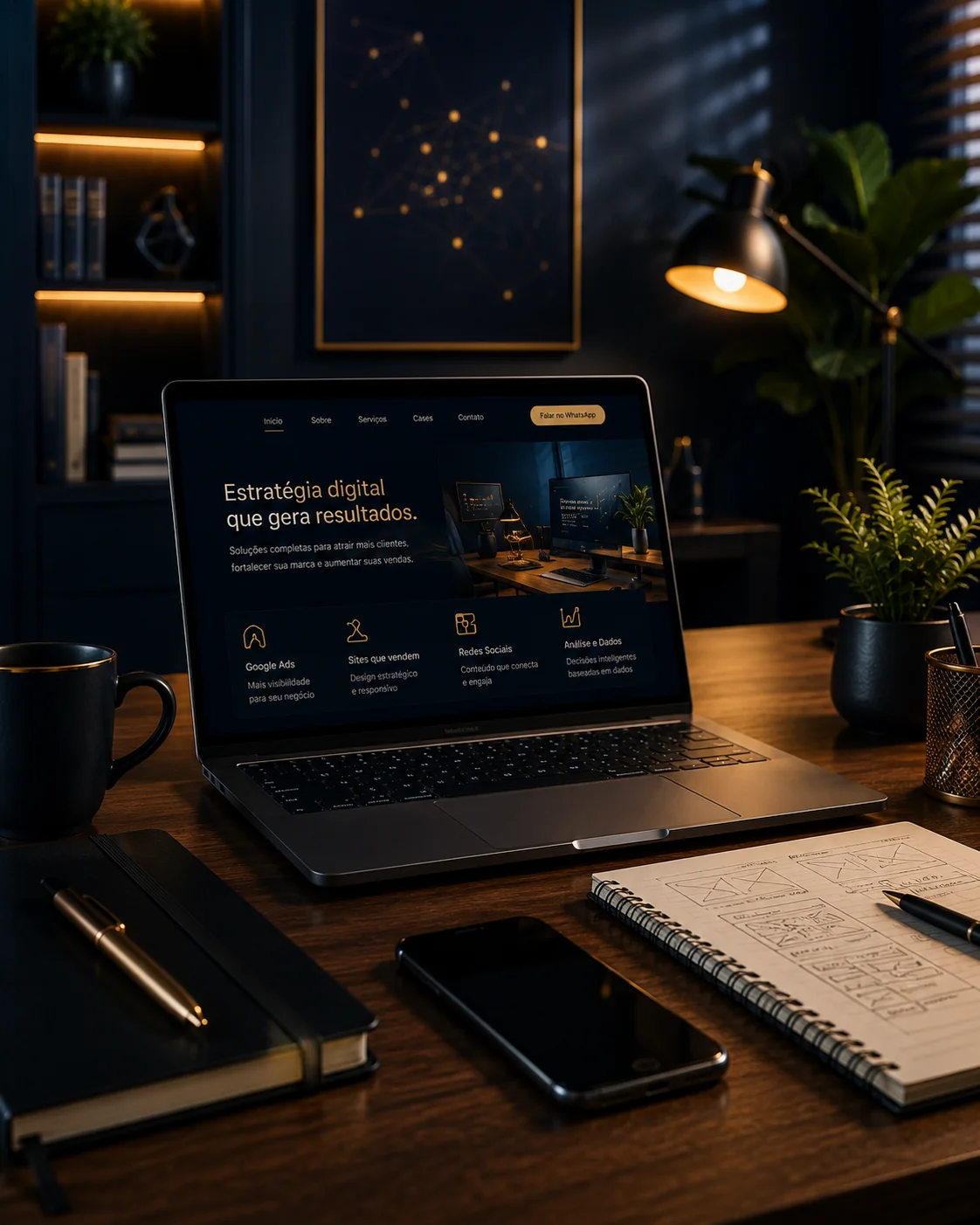 Ambiente de trabalho digital com notebook, smartphone e planejamento estratégico